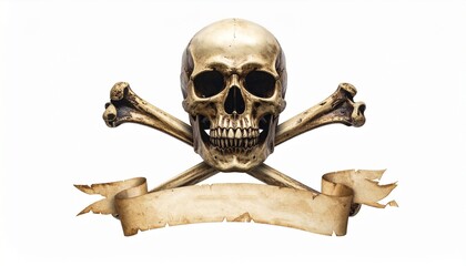 Fototapeta premium A detailed illustration of a human skull and crossed bones with a blank aged parchment scroll isolated on a clean white background for design.