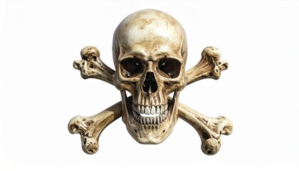 Fototapeta premium Realistic human skull with crossed bones isolated on white background representing danger death mortality and pirate symbol theme design.