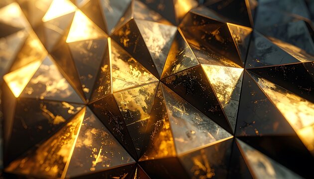Golden metallic triangular prism pattern closeup.