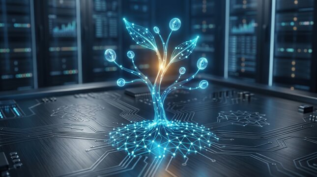 Digital plant growing on circuit board representing technology innovation and sustainable growth