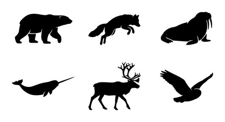 Arctic Wildlife Silhouettes, Polar Bear, Fox, Walrus, Narwhal, Reindeer, Owl Vector Icons © Ahmed
