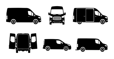 Black Cargo Van Silhouettes, Multiple Views: Side, Front, Rear, Open Doors, Delivery Vehicle Icons © Shamsul
