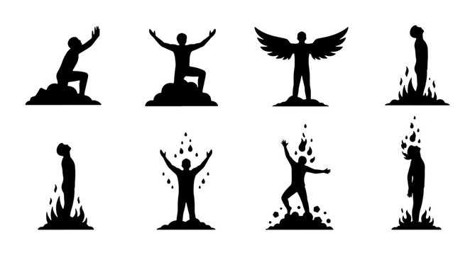Silhouette Figures: Ascending, Descending, and Empowered Poses, Vector Icons Set