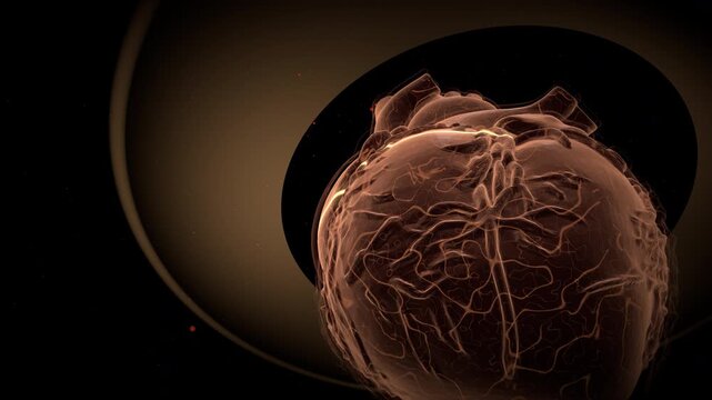 Extreme low-angle titan view of a glowing red human heart simulating cardiovascular distress