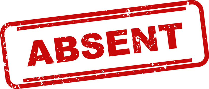 Red absent stamp with distressed texture and starburst design