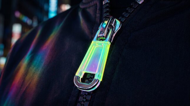 Neon Jacket Zipper Pull, reflective chrome details, macro photography