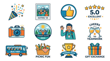 Fototapeta premium Company Outing Celebration Vector Bundle, Post Event Feedback Set, Corporate Reward Asset Collection