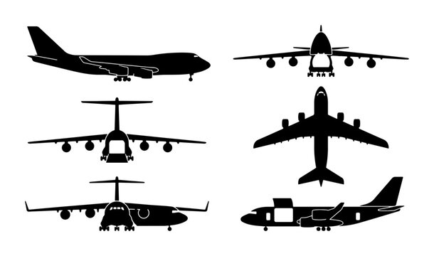 Airplane Silhouettes: Cargo Jet, Passenger Jet, Front, Side, Top Views