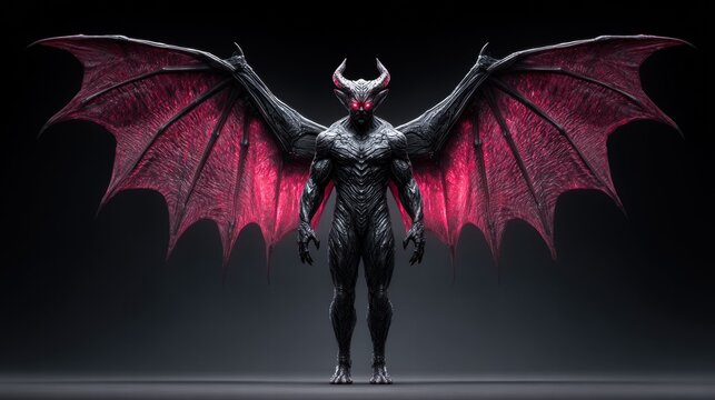 A formidable demon with glowing red wings and eyes stands boldly against a dark backdrop.