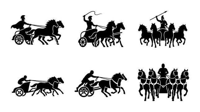Ancient Chariot Races, Roman Quadriga, Horse-drawn Carriages, Historical Military Transport Vector Icons