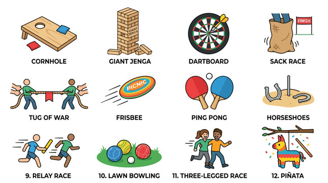 Company Picnic Fun Games Vector Collection, Summer Team Building Set, Cornhole and Jenga Asset Bundle