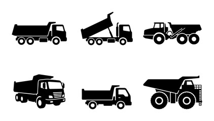 Six Silhouette Dump Truck Icons, Construction Vehicle Vector Set, Heavy Machinery Graphics © Jannatul