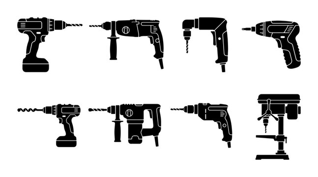 Drill Set Vector Icons: Power Tools, Construction Equipment, Workshop Tools, DIY Gear