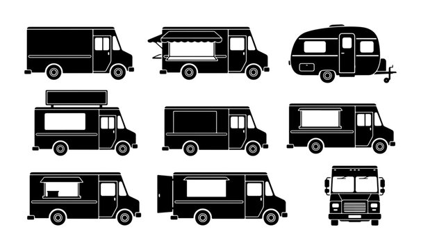 Food Truck Icons Set, Mobile Kitchen Vector Graphics, Street Food Van Collection, Commercial Vehicle Silhouettes