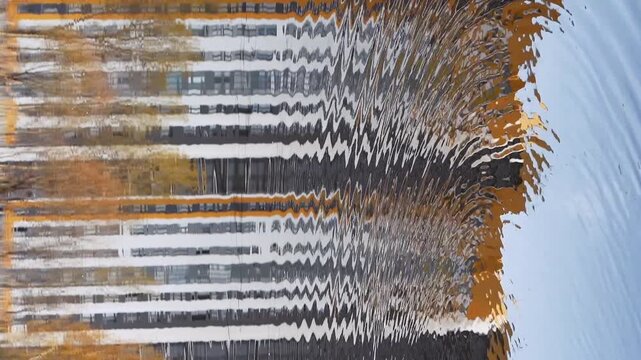 Distorted reflections of an urban building, trees, and open sky shimmer across gently moving water, creating a calm outdoor scene with textured waves and soft