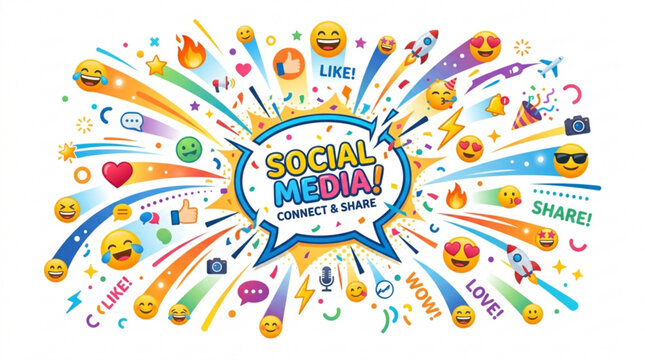Vibrant social media icons and emojis exploding around a central speech bubble