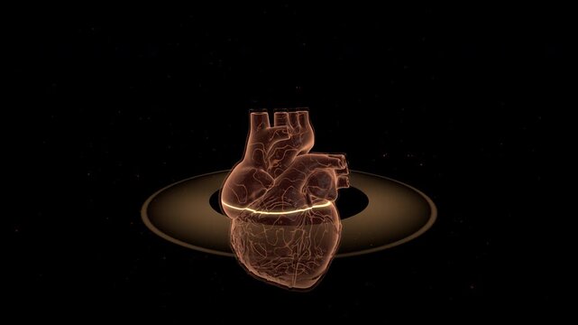 Disorienting backward spiral orbit away from a distressed red human heart cardiac arrest concept