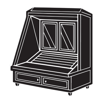 Black and white illustration of a vending machine with open front panel showing empty interior isolated on white background