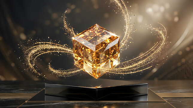 Shiny gold cube floating with glowing liquid energy waves on a dark background