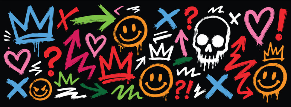 Graffiti elements set with crowns, skulls, hearts, arrows, and smiley faces street art style handdrawn vector collection on black background