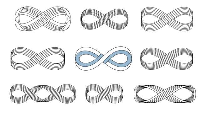 Collection of nine abstract infinity and mobius loop symbols in black line art with one blue shaded variation.