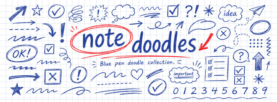 Hand drawn note doodles set on grid paper background