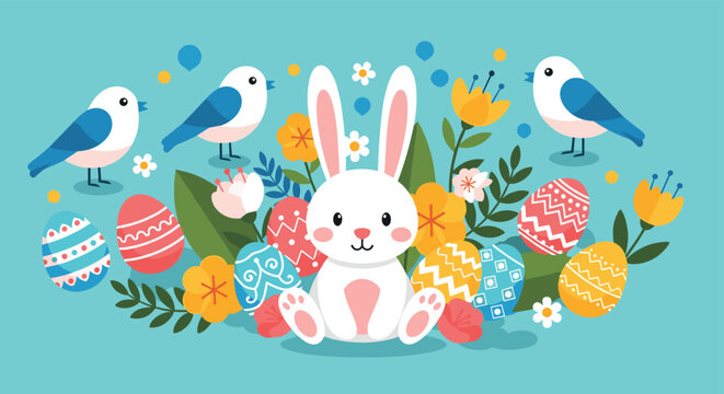 Adorable white bunny sitting in a field of colorful spring flowers and Easter eggs surrounded by chirping blue birds.