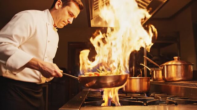 A professional chef flamb&eacute;s food in a pan over a gas stove, creating a dramatic burst of flames in a busy kitchen.