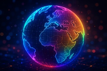 Naklejka premium Futuristic Neon Earth Globe Visualization Representing Global Connectivity, Digital Transformation and Worldwide Data Network