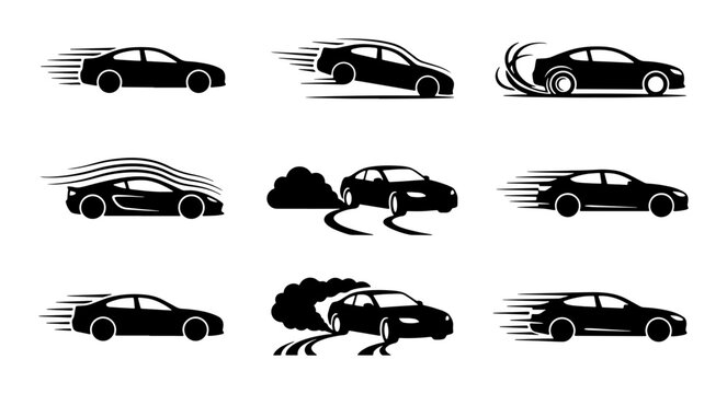Speeding Car Icons, Fast Automotive Vector Graphics, Dynamic Motion Vehicle Set