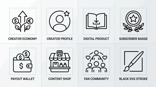 Creator economy icon collection featuring profile digital product subscriber badge payout wallet content shop fan community and black svg stroke for social media monetization and online business.