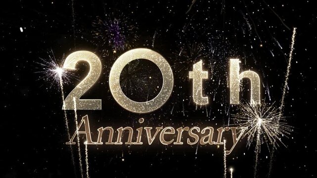 20th Anniversary Banner in Gold Style with Fireworks, Holiday and Congratulations