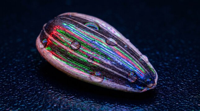 Neon Sunflower Seed, glossy shell with RGB glow, extreme macro