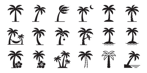 Fototapeta premium Black Silhouette of a Palm Tree and Hibiscus Flower on White Background
