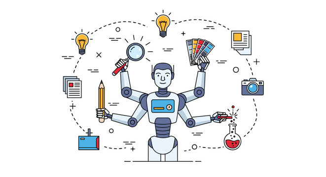 Advanced artificial intelligence robot with multiple arms performing various creative tasks like designing, painting, and scientific research.
