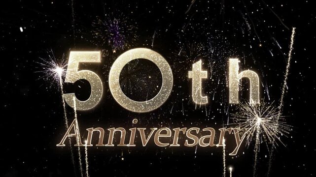 50th Anniversary Banner in Gold Style with Fireworks, Holiday and Congratulations