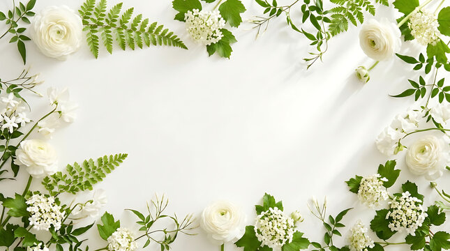 Fresh spring border design featuring delicate white flowers and lush green foliage on pristine white