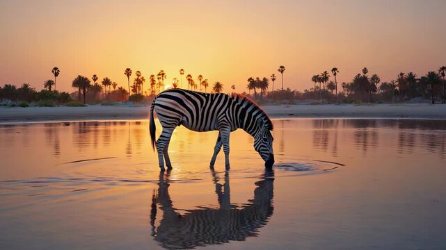 Alone zebra drinking water on the beach with palm tree on sunset