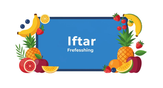 Flat vector illustration of assorted colorful fruits including pineapples, bananas, strawberries, and apples framing a central blue rectangle with text Iftar on white background.