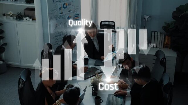 A professional business meeting showcasing a team discussing strategies for quality enhancement while analyzing cost implications through growth charts. Raster