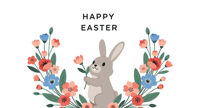 Cute gray bunny holding a flower surrounded by a colorful floral wreath with happy easter text for seasonal holiday greeting cards.