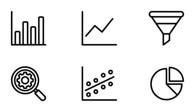 Data Analysis Icons Set: Charts, Graphs, Funnel, Magnifying Glass, Scatter Plot, Pie Chart