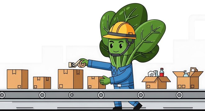 Green robot gardener tending to plants in futuristic greenhouse.