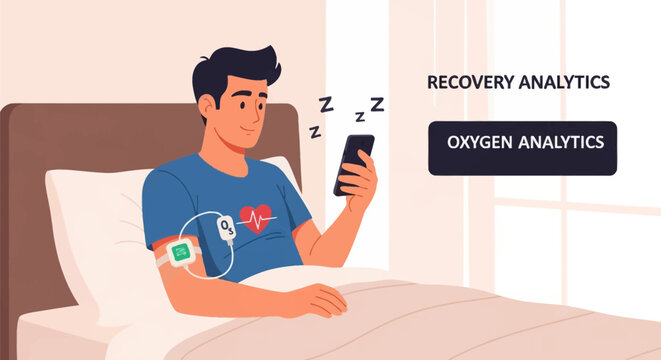 Vector illustration of a man sitting in bed monitoring his sleep health using a smartphone app connected to a blood oxygen and heart rate sensor on his arm for recovery analytics.
