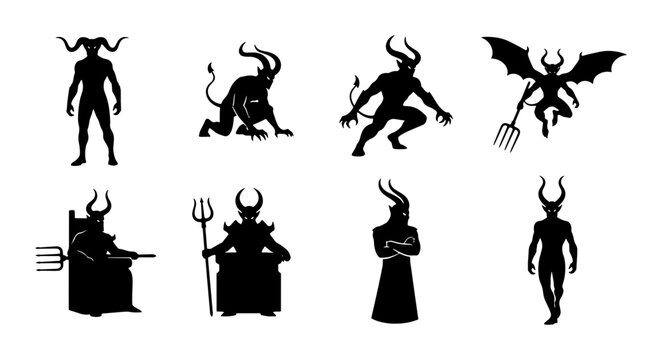 Demon Silhouettes Collection, Evil Devil Icons, Satanic Symbols, Hellish Creatures Vector Set