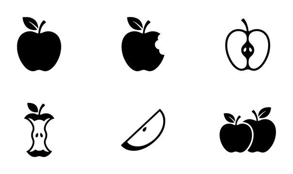 Apple Icons Set: Whole, Bitten, Halved, Core, Slice, Group, Vector Graphics