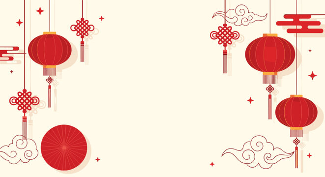 Festive chinese new year horizontal background with red lanterns, clouds, knots, and stars on a warm cream base for holiday greetings.