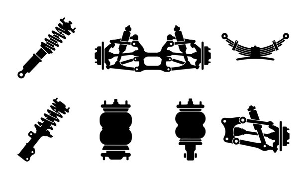 Automotive Suspension Parts Vector Icons: Shock Absorbers, Leaf Springs, Control Arms, Air Springs
