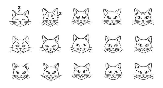 Comprehensive collection of hand drawn cat face line drawings showing various expressions like sleeping, happy, and alert for pet lovers.