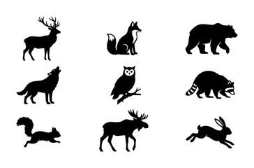 Naklejka premium Forest Wildlife Silhouette Icons, Woodland Animal Vector Set, Nature Fauna Graphics, Black and White